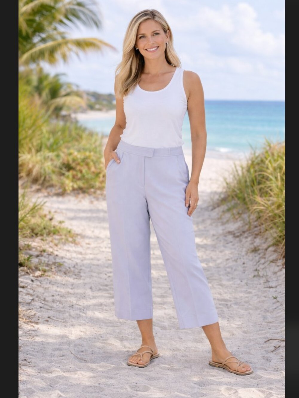 Tommy Bahama Silk Cotton Crop Pants Women's 14 Tab Front Lavender Pockets Resort